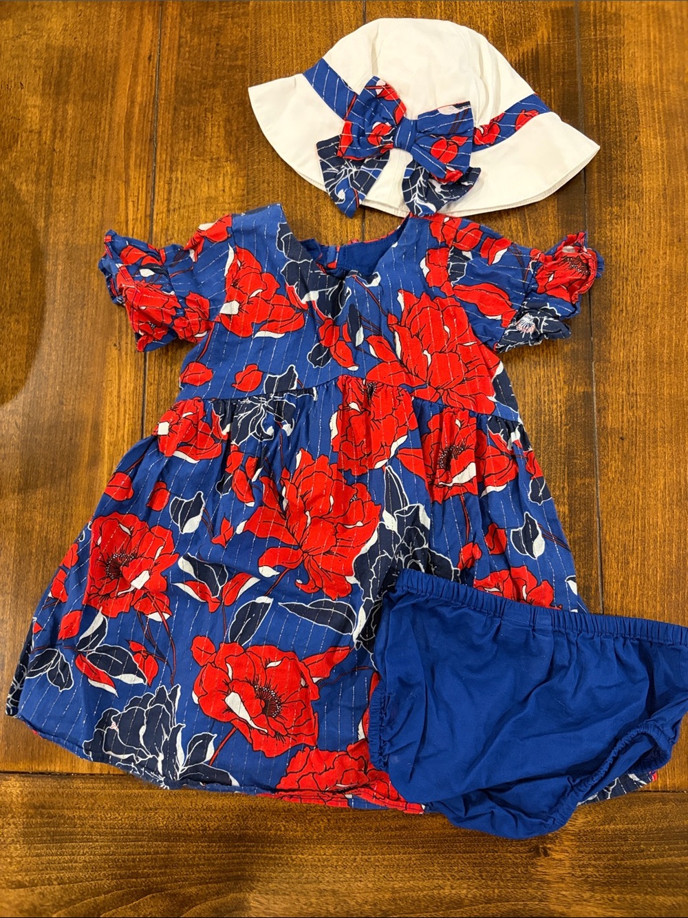 Janie and Jack Red & Blue Floral Baby Dress Set with Sun Hat